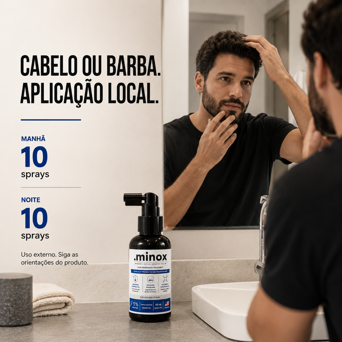 Homem em frente ao espelho e instruções de uso do Minoxidil .minox: 10 sprays pela manhã e 10 à noite