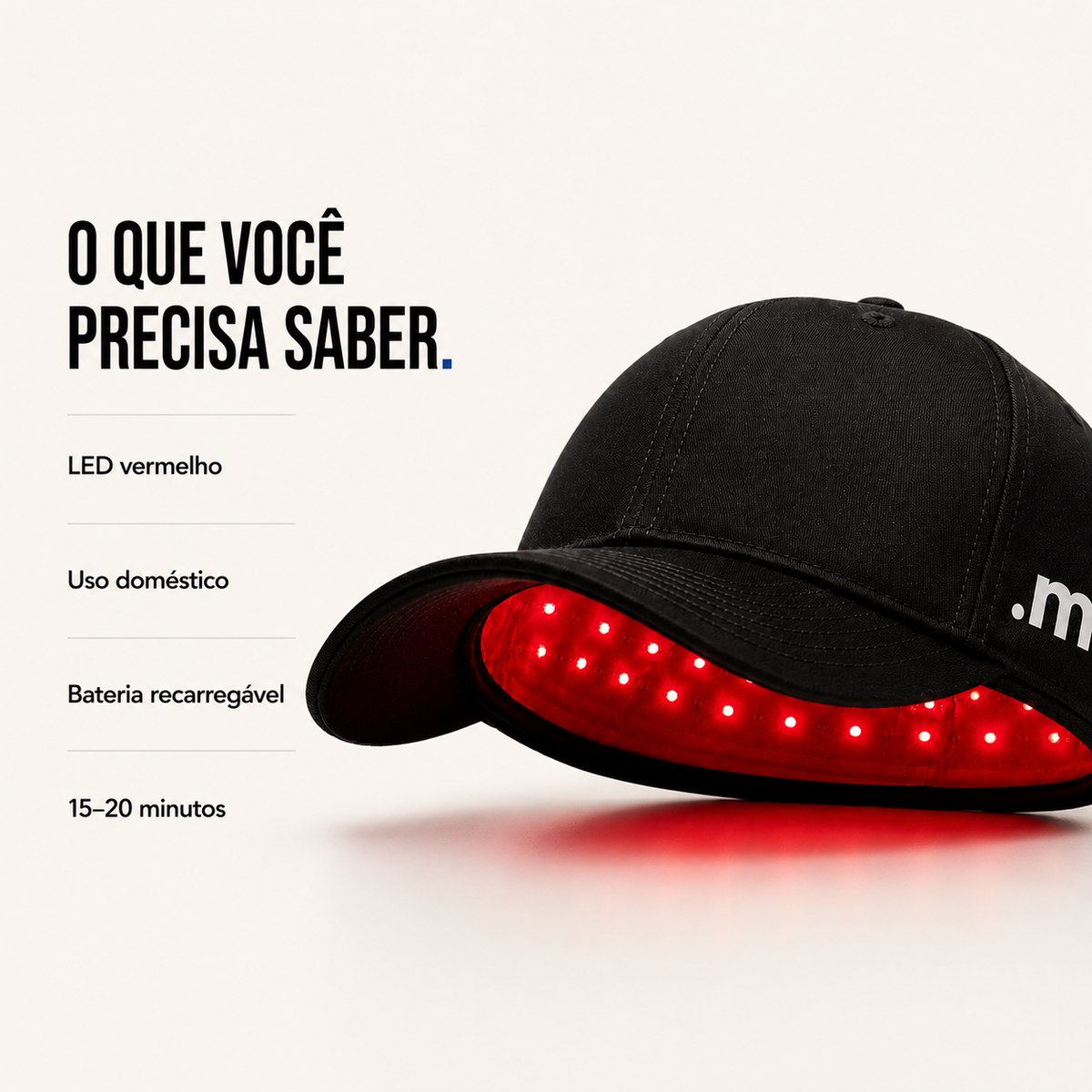 Características do Boné LED capilar .minox: luz vermelha, uso doméstico, bateria recarregável e sessões de 15 a 20 minutos