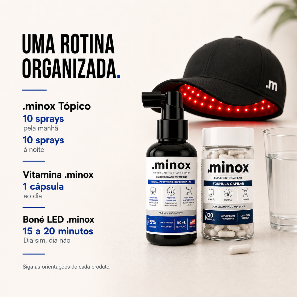 Modo de uso do kit .minox: 10 sprays pela manhã, 10 à noite, 1 cápsula ao dia e Boné LED por 15 a 20 minutos em dias alternados