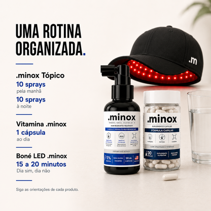 Modo de uso do kit .minox: 10 sprays pela manhã, 10 à noite, 1 cápsula ao dia e Boné LED por 15 a 20 minutos em dias alternados