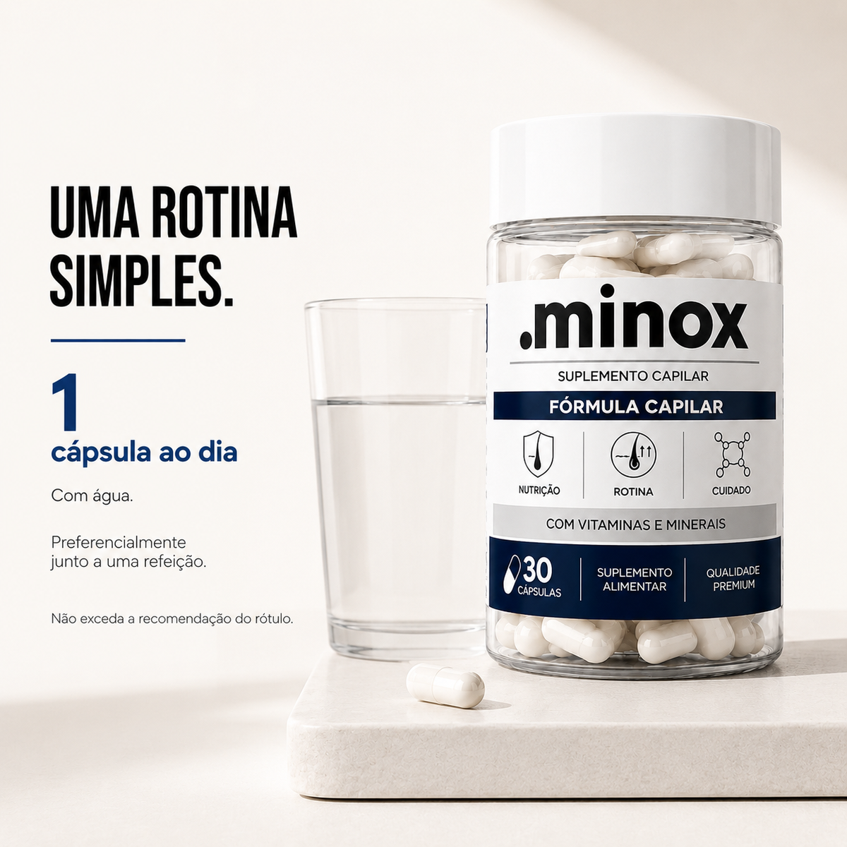 Modo de uso da Vitamina Capilar .minox: tomar 1 cápsula ao dia com água, preferencialmente junto a uma refeição