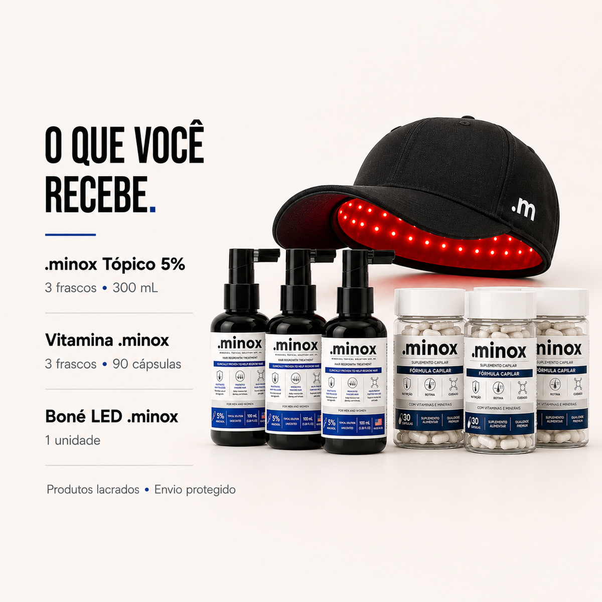 Conteúdo do kit: 3 frascos de Minoxidil totalizando 300ml, 3 potes de Vitamina Capilar com 90 cápsulas e 1 Boné LED