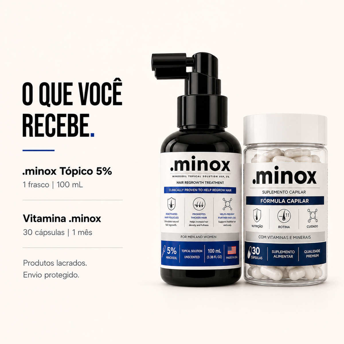 Conteúdo do kit .minox: 1 frasco de Minoxidil 100ml e 1 pote de Vitamina Capilar com 30 cápsulas