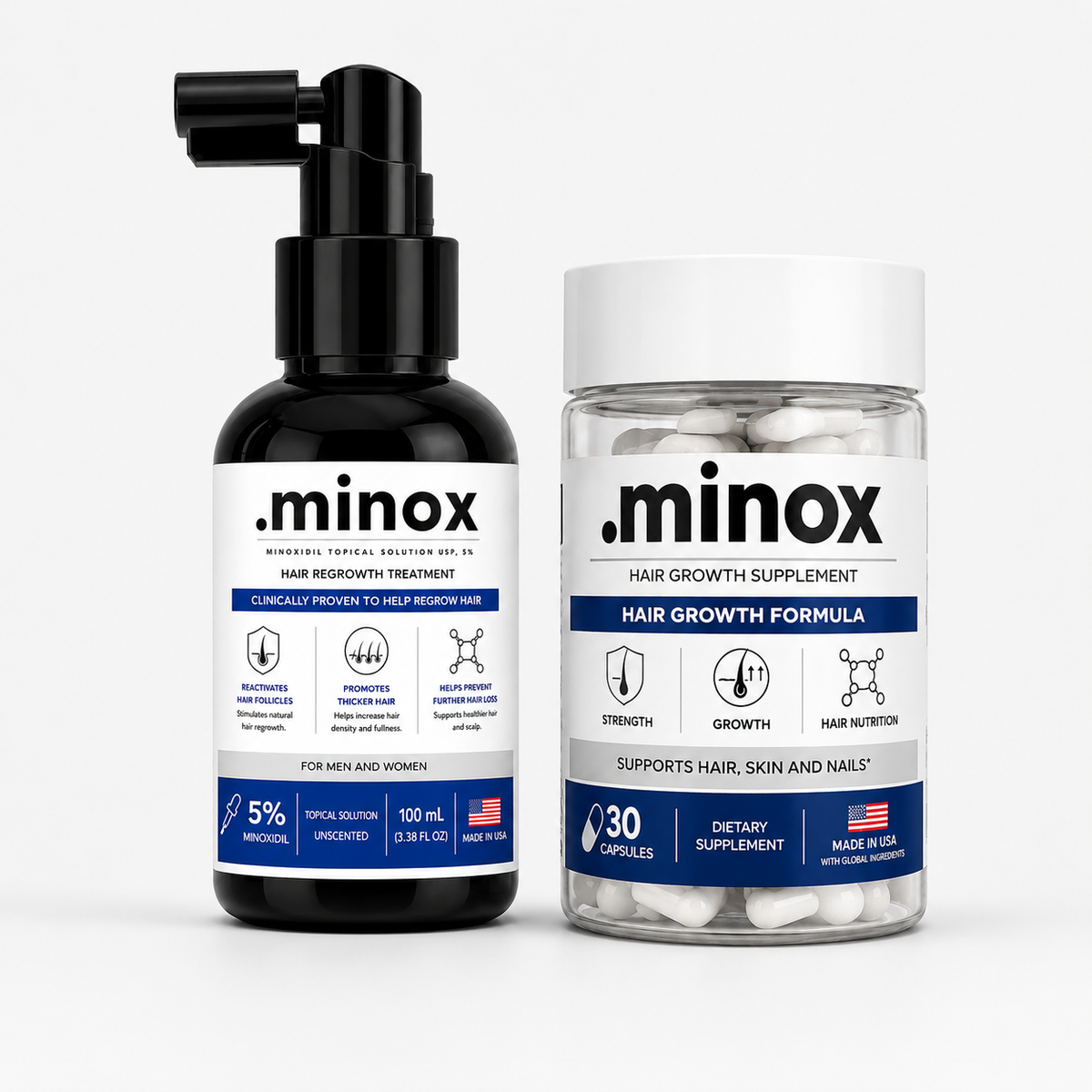 Kit .minox com 1 frasco de Minoxidil 100ml em spray e 1 pote de Vitamina Capilar com 30 cápsulas