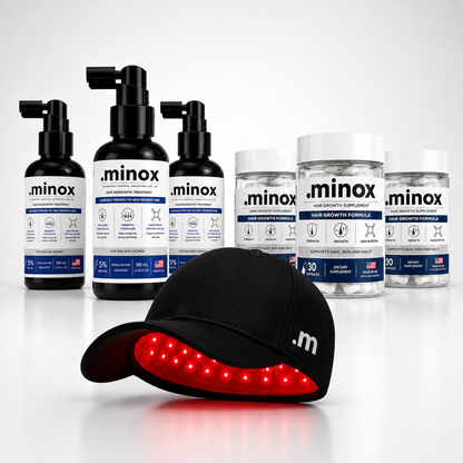 Kit .minox com 3 frascos de Minoxidil, 3 potes de Vitamina Capilar e 1 Boné LED