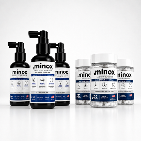 Kit .minox com 3 frascos de Minoxidil, total de 300ml, e 3 potes de Vitamina Capilar, total de 90 cápsulas