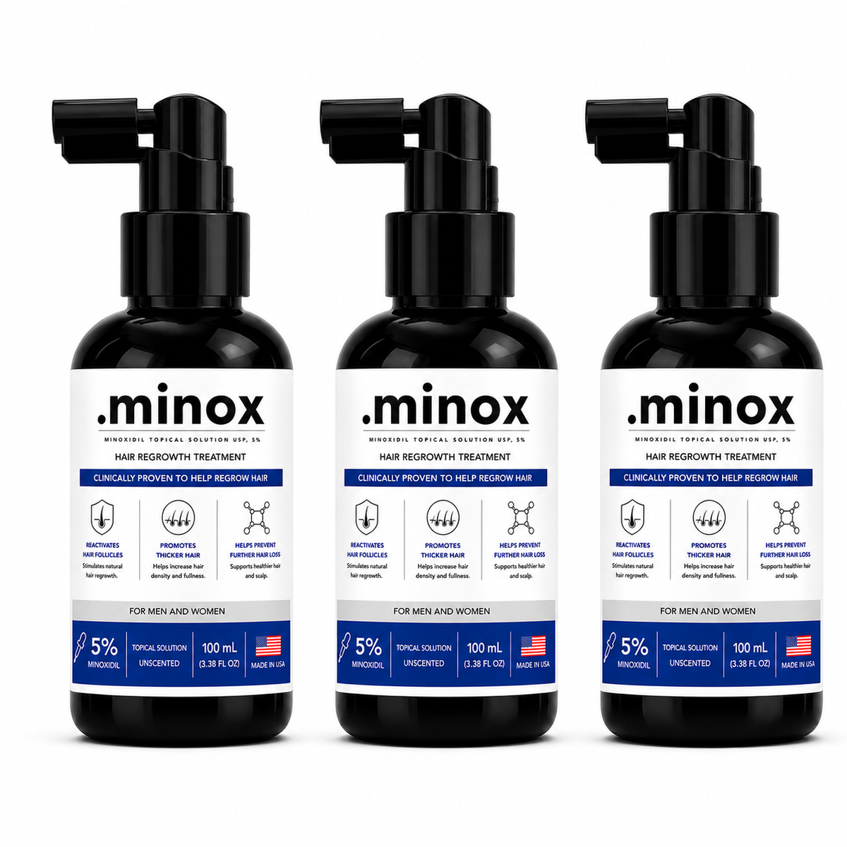 Kit Minoxidil .minox com 3 frascos de 100ml, total de 300ml