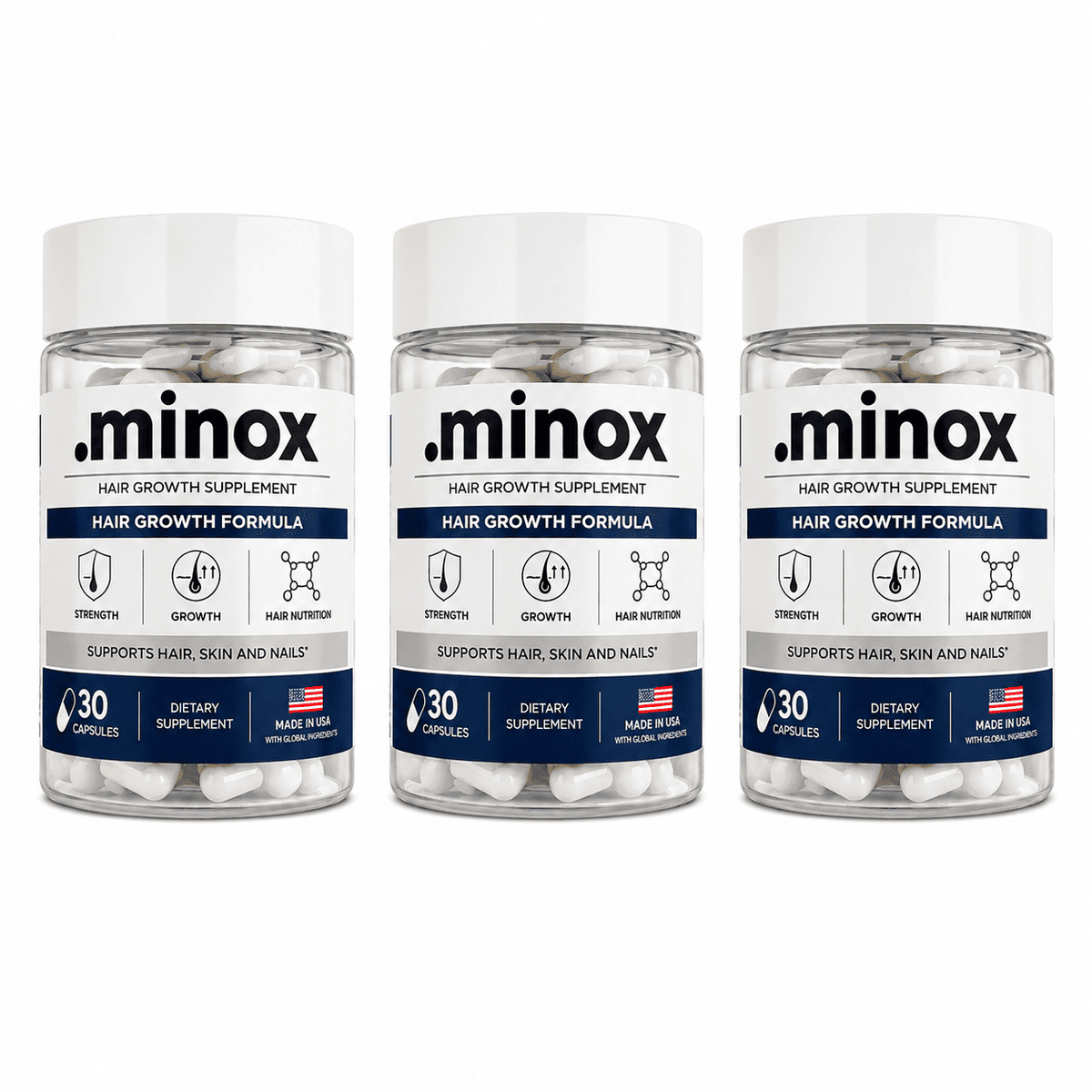 Kit de Vitamina Capilar .minox com 3 potes de 30 cápsulas, total de 90 cápsulas