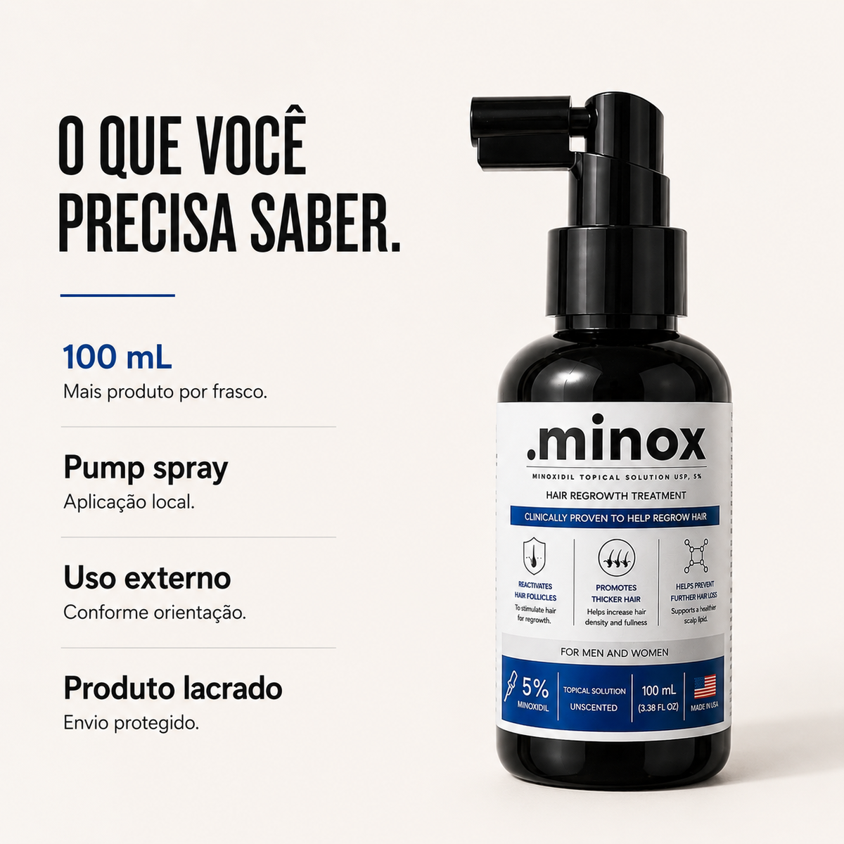 Especificações do Minoxidil .minox 100ml: pump spray, aplicação local, uso externo e produto lacrado