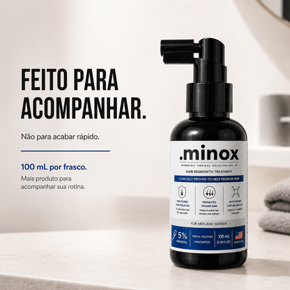 Frasco de Minoxidil .minox 100ml com aplicação em spray, apresentado como opção para uma rotina prolongada