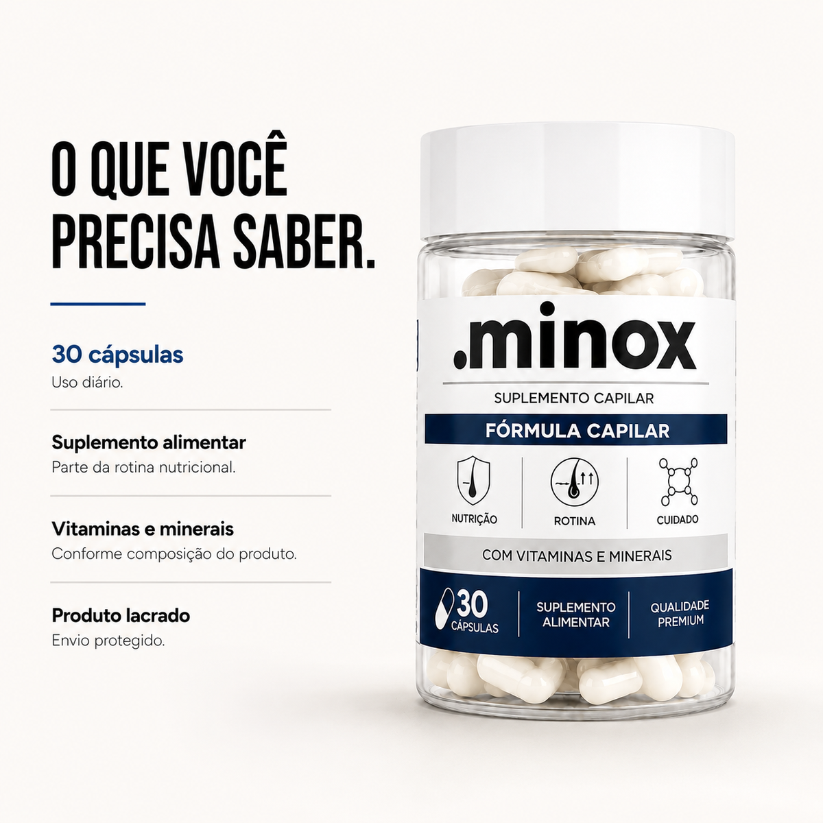 Informações da Vitamina Capilar .minox: 30 cápsulas, uso diário, vitaminas e minerais e embalagem lacrada